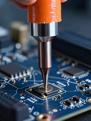Macro photograph of precision soldering on a dark blue motherboard, industrial cool-toned laboratory lighting, safety orange heat-resistant tape visible, extreme close-up.