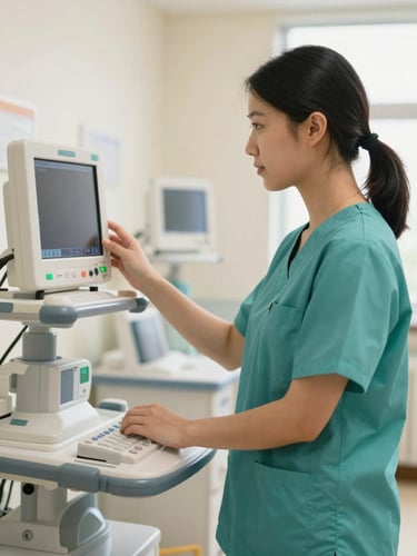 A medium close-up of a nursing student in clean teal scrubs adjusting a clinical monitor in a bright modern simulation lab, warm editorial lighting, soft depth of field.