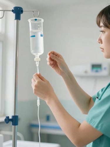 A medium close-up of a nursing student in clean teal scrubs adjusting an IV drip in a bright, modern simulation lab, warm natural daylight, 35mm.