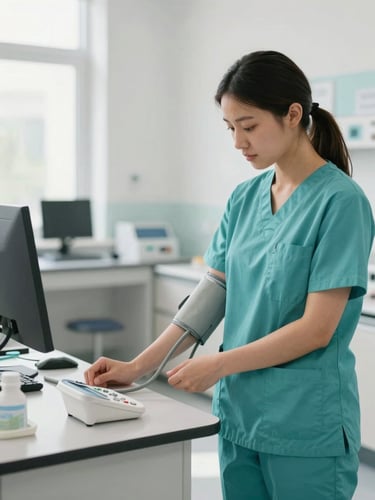 A focused nursing student in clean teal scrubs adjusting a blood pressure cuff in a bright, modern simulation lab, warm editorial style, 35mm.