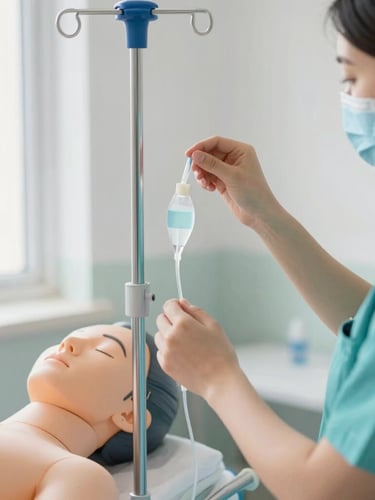Medium close-up of a nursing student in teal scrubs adjusting an IV line on a high-fidelity patient simulator, bright natural daylight, clean clinical environment, 35mm.