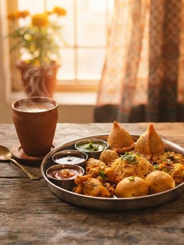 Warm, golden-hour photograph of assorted Indian snacks on a stainless steel plate next to a steaming cup of chai, soft shadows, shallow depth of field, wide.