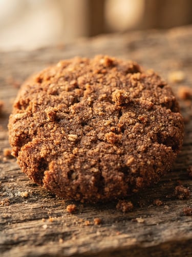 Macro shot of a textured ragi cookie with visible crumbs on a rustic wooden board, soft golden-hour window light, warm terracotta tones.