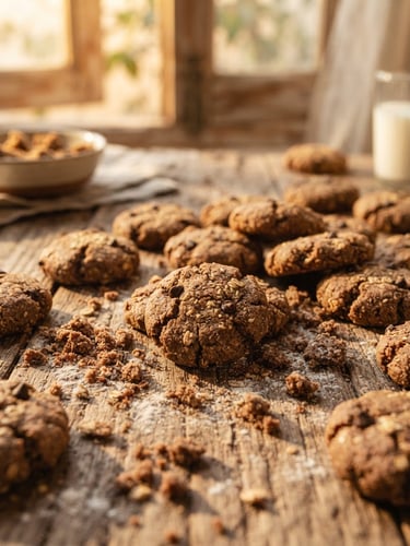 A rustic wooden table with freshly baked ragi cookies, crumbs scattered around, warm golden-hour window light casting long soft shadows, macro depth of field.