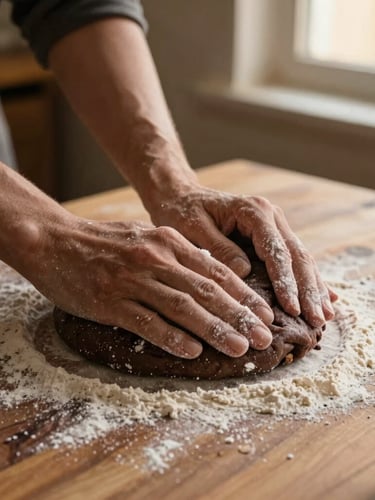 Hands dust flour over a rustic wooden table, kneading dark ragi cookie dough under soft golden-hour window light.
