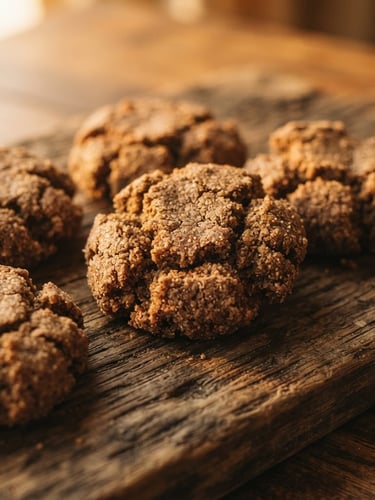 Macro shot of crumbly, textured golden-brown ragi cookies on a rustic wooden board, soft golden-hour window light casting warm shadows, 35mm.