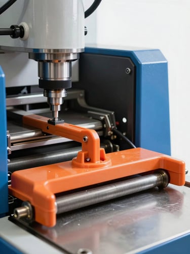 Close-up of a heavy-duty orange plastic floor wiper frame emerging from a precision injection molding machine, bright industrial studio lighting