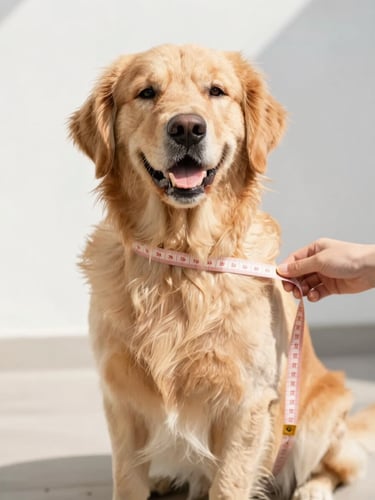 A cheerful Golden Retriever sitting calmly while a soft measuring tape gently measures its chest, bright natural daylight, warm tones.