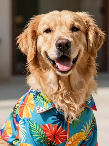 Vibrant pet photography, a happy golden retriever wearing a colorful tropical print shirt, bright natural daylight, eye-level shallow depth of field, 35mm