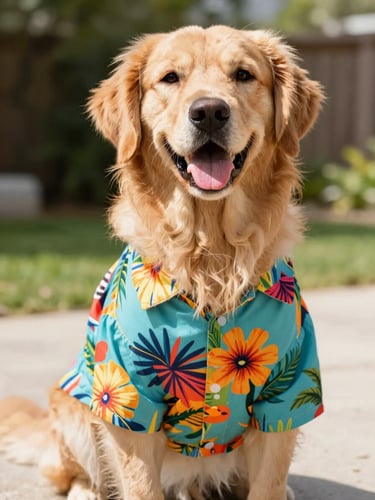 Vibrant pet photography, a happy golden retriever wearing a colorful tropical shirt sitting in bright natural daylight, eye-level shot