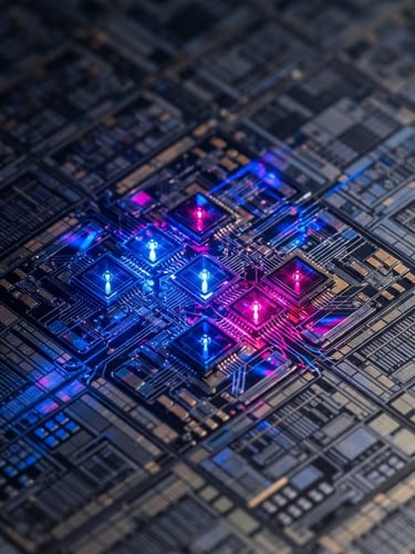 Extreme macro close-up of a silicon wafer and micro-optical display chips, sharp technical laser lighting with deep blue and magenta refractions, 50mm lens