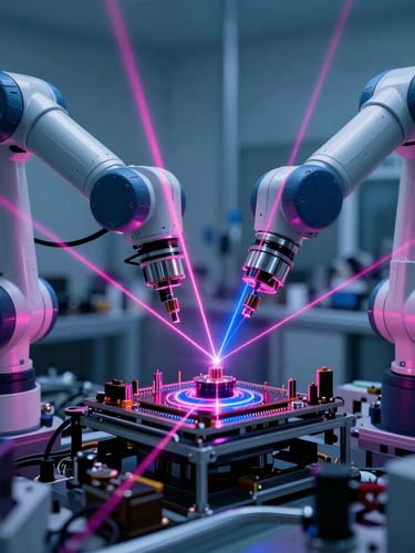 Wide-angle cleanroom manufacturing environment with robotic arms assembling micro-optics, high-contrast technical lighting with sharp pink and blue laser refractions