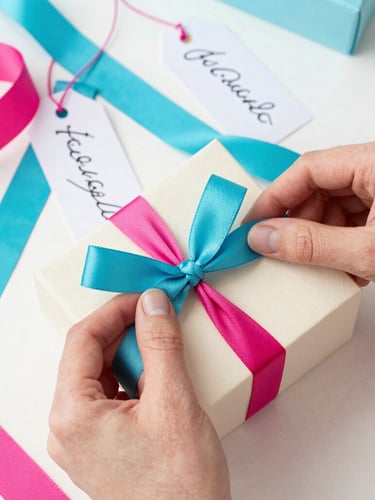 Overhead flat-lay of vibrant fuchsia and turquoise gift wrapping ribbons, custom paper tags with handwritten calligraphy, and hands tying a bow on a cream box, bright natural daylight, festive maximalist style.