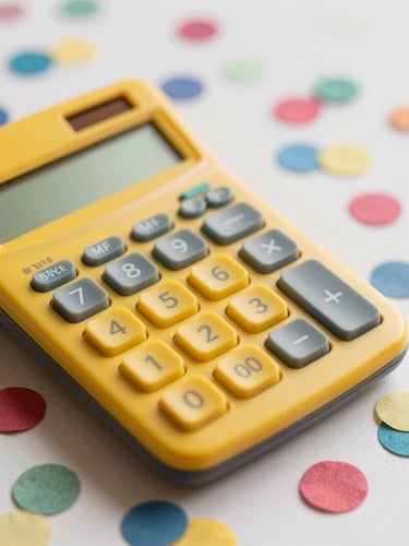 Nostalgic macro shot of a bright yellow retro calculator sitting on a bed of colorful confetti and wrapping paper, soft warm light, shallow depth of field.