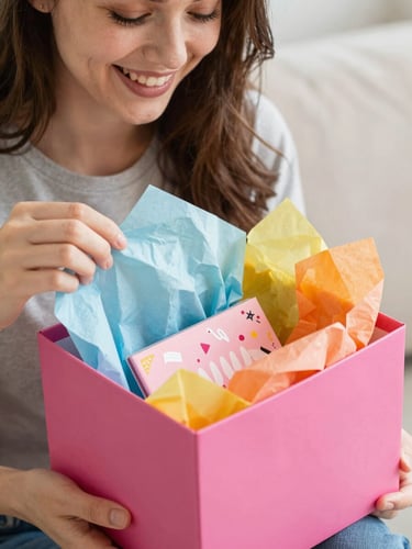 Overhead shot of a happy young woman laughing while opening a bright pink custom gift box filled with colorful tissue paper and personalized details, warm natural daylight
