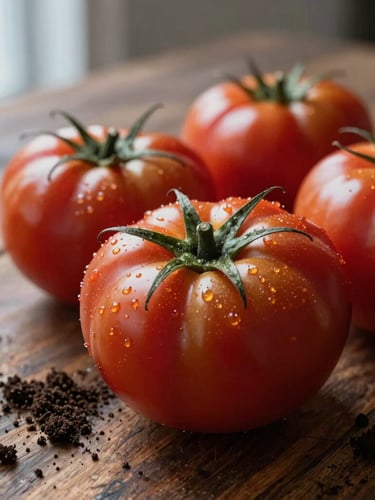 Extreme close-up of fresh heirloom tomatoes with soil on a rustic wooden table, soft natural side-lighting, Scandinavian interior mood.