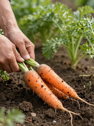 Extreme close-up from the left edge, hands pulling heirloom carrots from dark soil in a field row, natural soft side-lighting from the left, clumps of earth still clinging to the roots, shallow depth of field with blurred green foliage behind