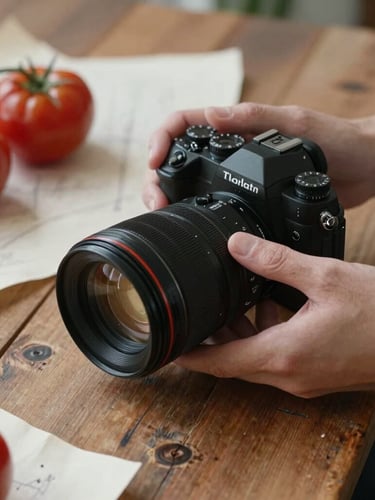 Close-up of hands adjusting a camera lens over a rustic wooden table scattered with fresh heirloom tomatoes and parchment sketches, soft natural side-lighting, cozy Scandinavian shadows.