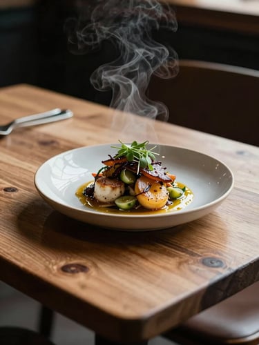 Close-up of a rustic wooden restaurant table with soft side-lighting, steam rising from a freshly plated dish, cozy Scandinavian shadows.