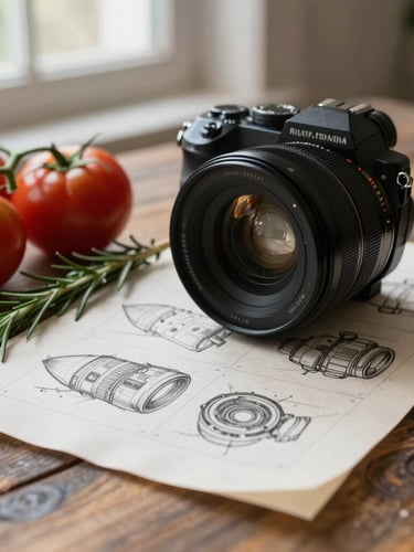 A camera lens positioned over a rustic wooden table, sketching storyboards on parchment paper next to fresh heirloom tomatoes and rosemary sprigs, soft natural window light.