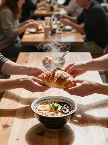 Overhead shot of a bustling modern food hall, long wooden communal tables, soft Scandinavian side-lighting, warm steam rising from a bowl of ramen, hands passing a fresh sourdough loaf, cozy shadows.