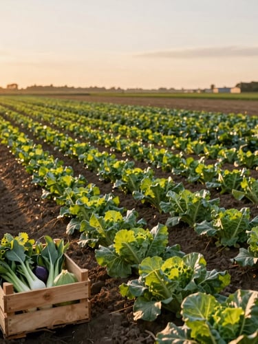 Wide environmental shot from the left edge, a small farm field at golden-hour dusk, rows of leafy greens receding into the background, soft warm side-light casting long shadows across the furrows, a single wooden crate of harvested produce in the foreground left corner