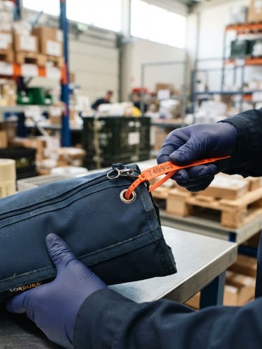 Close-up of a hand sealing a heavy-duty navy blue security pouch with a bright orange numbered zip-tie lock, professional industrial setting, bright daylight, sharp focus