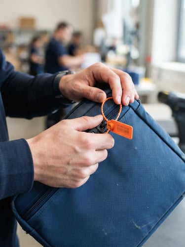 Close-up of a heavy-duty blue security pouch with a bright orange tamper-evident seal, held by a courier in a clean uniform, bright natural daylight, sharp focus, 35mm lens