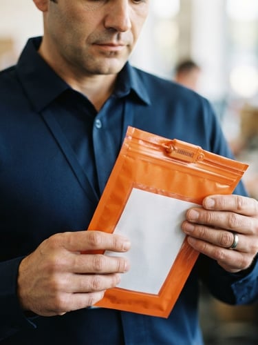 Close-up of a professional courier in a clean navy uniform holding a sealed orange security pouch, bright natural daylight, sharp focus, 35mm lens