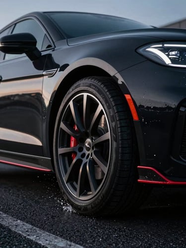 Sleek modern sedan driving on wet asphalt at twilight, sharp focus on the high-performance tire tread kicking up water droplets, dramatic high-contrast automotive photography