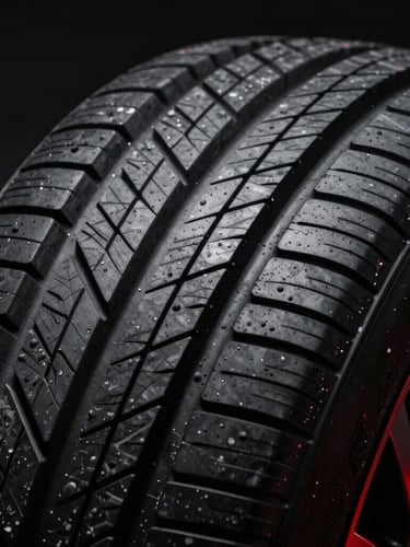 Close-up macro shot of premium tire tread pattern, dramatic high-contrast studio lighting, sharp rubber textures, deep blacks, 85mm
