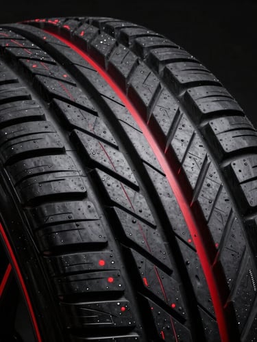 Sleek modern passenger car tire tread pattern, extreme macro close-up, high-contrast studio lighting, deep blacks with sharp red accents, 85mm