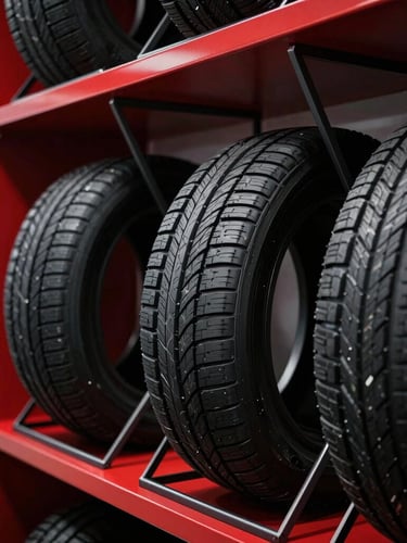 A high-contrast automotive showroom interior with Sailun tires displayed on geometric steel racks, sharp focus on tread patterns, premium red and black accents