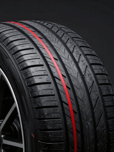 Sleek modern passenger car tire profile, high-contrast studio lighting, deep black rubber with sharp red accents, sharp macro tread detail, 85mm