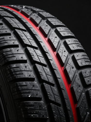 Extreme close-up macro studio shot of a Sailun Atrezzo tire tread pattern, dramatic high-contrast lighting highlighting the deep rubber grooves and sipes, sharp red accent line on the tread, black background.