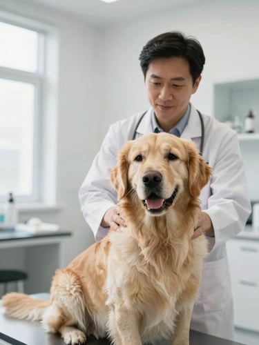 Veterinário gentilmente examinando um cão da raça Golden Retriever em uma sala de consulta, ambos calmos e conectados, luz natural, ambiente clínico moderno, soft depth of field, 35mm