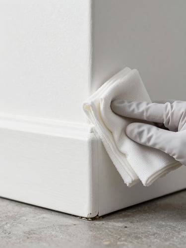 Extreme close-up of a gloved hand wiping a freshly cleaned baseboard corner, task lighting from above revealing a perfectly dust-free white surface against bare concrete floor, no people visible beyond the hand, clinical studio-level clarity