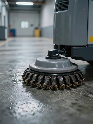 Extreme close-up of a commercial-grade rotary floor scrubber head moving across polished concrete in an empty warehouse corridor, task lighting above casting a sharp highlight across the wet surface, industrial equipment detail visible in the foreground, cool overhead light, no people present