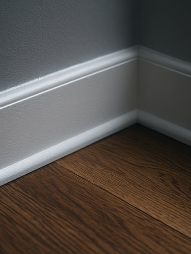 Extreme close-up of a freshly cleaned baseboard meeting a hardwood floor corner, task lighting raking across the surface to reveal the dust-free edge—cool overhead light, no warm tones, deep focus on the crisp line where wall meets floor