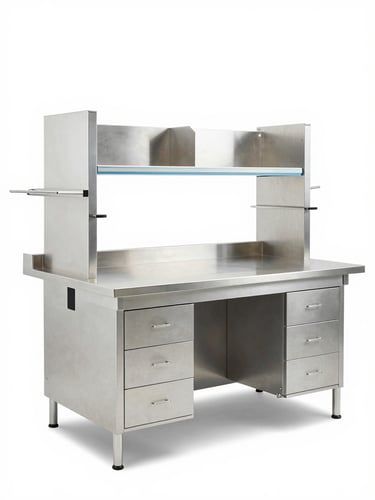 Pristine custom stainless steel worktable inside a bright clinical laboratory, high-key white light, sterile metallic tones, architectural 35mm