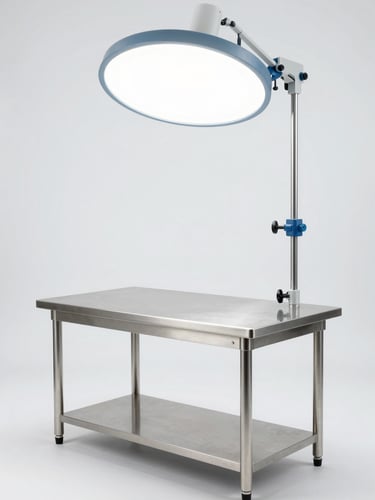 Clean clinical photography, bright high-key studio light, a custom stainless steel laboratory worktable in an immaculate empty cleanroom, sharp focus, architectural 35mm