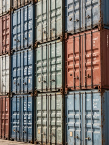Macro detail shot of industrial shipping containers stacked at a modern deepwater port in Oman, high-contrast natural light.