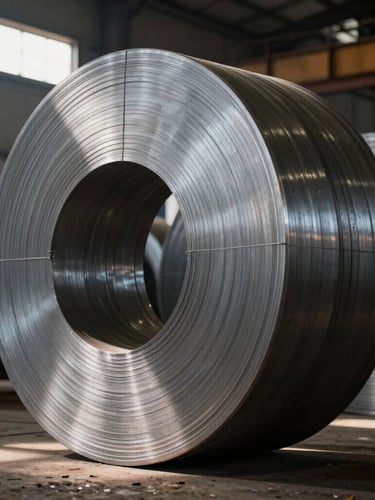 A high-contrast macro shot of raw industrial steel coils in a Karachi manufacturing plant, dramatic natural light from high windows, sharp architectural lines