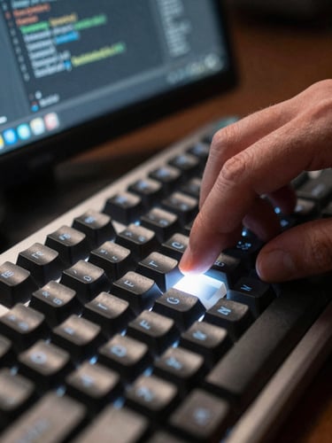 Extreme close-up of fingers on a mechanical keyboard, screen glow reflecting off keys, a JavaScript function visible on the monitor in the background, sharp overhead studio lighting, no face or body visible above the wrists