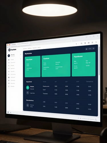 Full-screen browser window showing a finished single-page application — clean UI with a sidebar nav and a data dashboard rendered in teal and dark navy, overhead studio light on monitor, no people visible