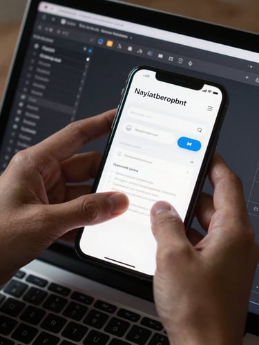 Extreme close-up overhead of hands adjusting a responsive layout in a browser dev tools panel, screen showing a mobile breakpoint view of a navigation component mid-edit, clean studio overhead light, sharp contrast, keyboard visible at bottom edge
