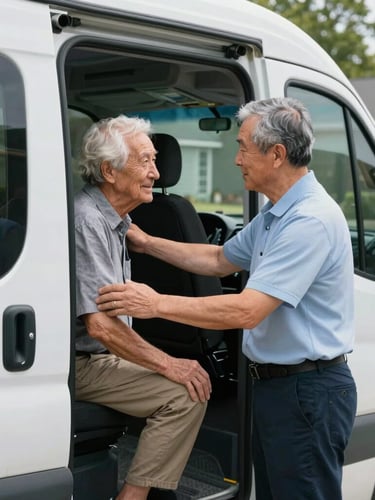 A warm, daylight medium shot of a professional driver offering a supportive arm to an elderly passenger stepping into a clean transport vehicle in a North Carolina neighborhood.