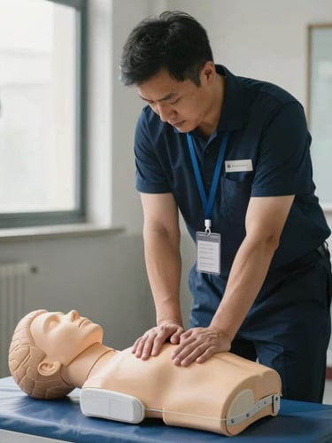 A professional safety instructor demonstrating CPR techniques on a training mannequin, soft natural light streaming through a window, clean modern classroom environment, focused and respectful atmosphere.
