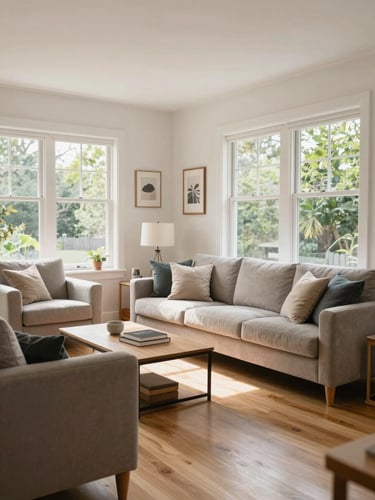 A bright, natural-light living room with comfortable modern furniture, clean wooden floors, and large windows showing green trees outside