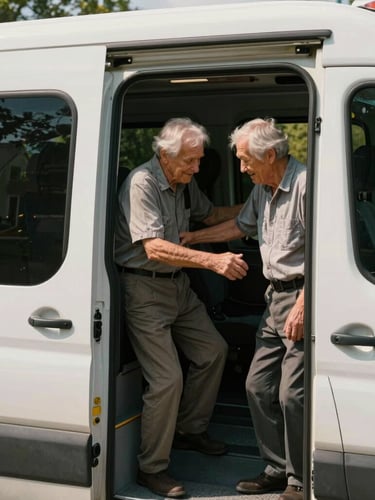A warm, natural light photograph of a Divine Purpose driver offering a supportive arm to an elderly passenger stepping into a clean transport vehicle in a North Carolina neighborhood.